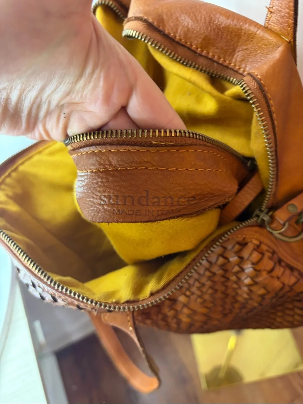 Sundance Woven Round Tote Leather with shoulder Handles Crossbody Cognac Brown